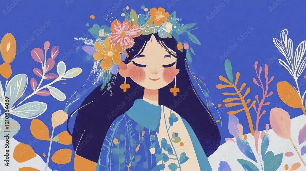 Whimsical portrait of young female with flower crown on blue background Whimsical portrait of young female with flower crown on blue background