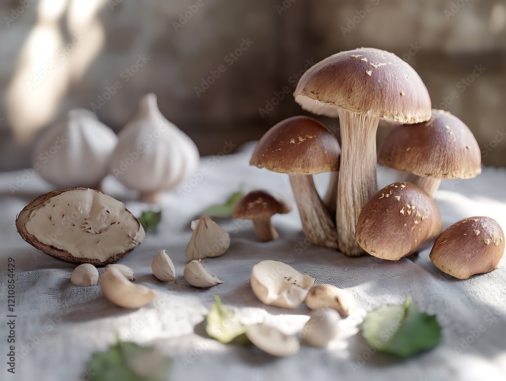 Close-up of freshly picked mushrooms and garlic on a rustic linen-covered table Close-up of freshly picked mushrooms and garlic on a rustic linen-covered table