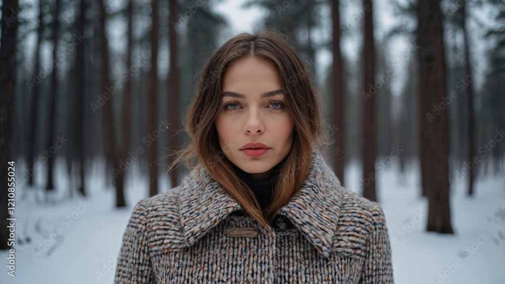 Stylish individual wearing a wool coat stands amidst snowy trees in a tranquil forest setting under overcast skies Stylish individual wearing a wool coat stands amidst snowy trees in a tranquil forest setting under overcast skies