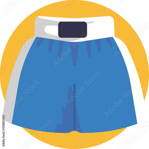 A minimalistic depiction of traditional boxing shorts, featuring a thick elastic waistband and wide leg openings, representing athletic comfort and movement.