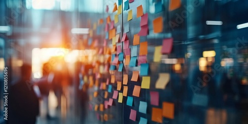 Wallpaper Mural Team brainstorming session with colorful sticky notes on glass wall during sunset in modern office setting Torontodigital.ca