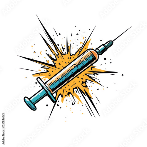 Comic syringe on white or transparent background