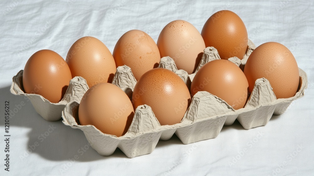 Brown organic eggs nestled in carton, resting on white tablecloth, bathed in soft natural illumination from overhead perspective Brown organic eggs nestled in carton, resting on white tablecloth, bathed in soft natural illumination from overhead perspective