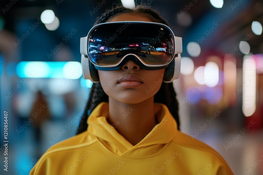 Young girl wears virtual reality goggles in a vibrant gaming arcade during a lively evening Young girl wears virtual reality goggles in a vibrant gaming arcade during a lively evening