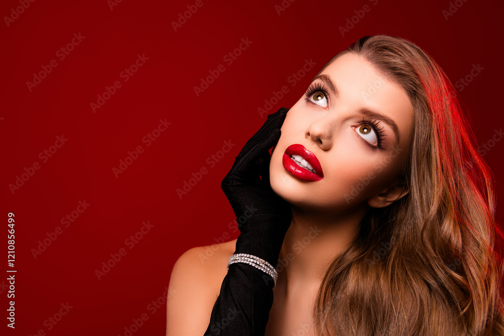 Fototapeta premium Photo of classy gorgeous lady touch black gloves face having bright make up look up empty space red color background