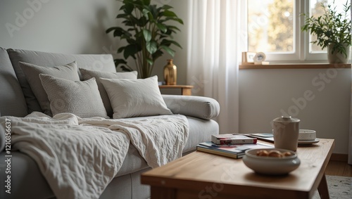 A charming wooden coffee table cradles books, a bowl, a coffee pot, and plates. A striking gray-and-white rug adorns its right, adding texture and style photo