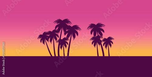 Sunset with beach and palms. Vacation time. Beach and Summer background. Trendy colorful Sunset with palm treess silhouette. Vector illustration. Ideal for print, poster, wallpaper, fabric, fashion.