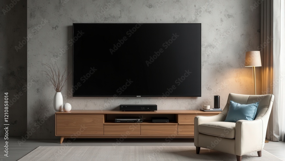 A sleek, flat-screen TV hangs above a light-wood entertainment unit on a gray wall, complemented by elegant white vases. A sleek, flat-screen TV hangs above a light-wood entertainment unit on a gray wall, complemented by elegant white vases.