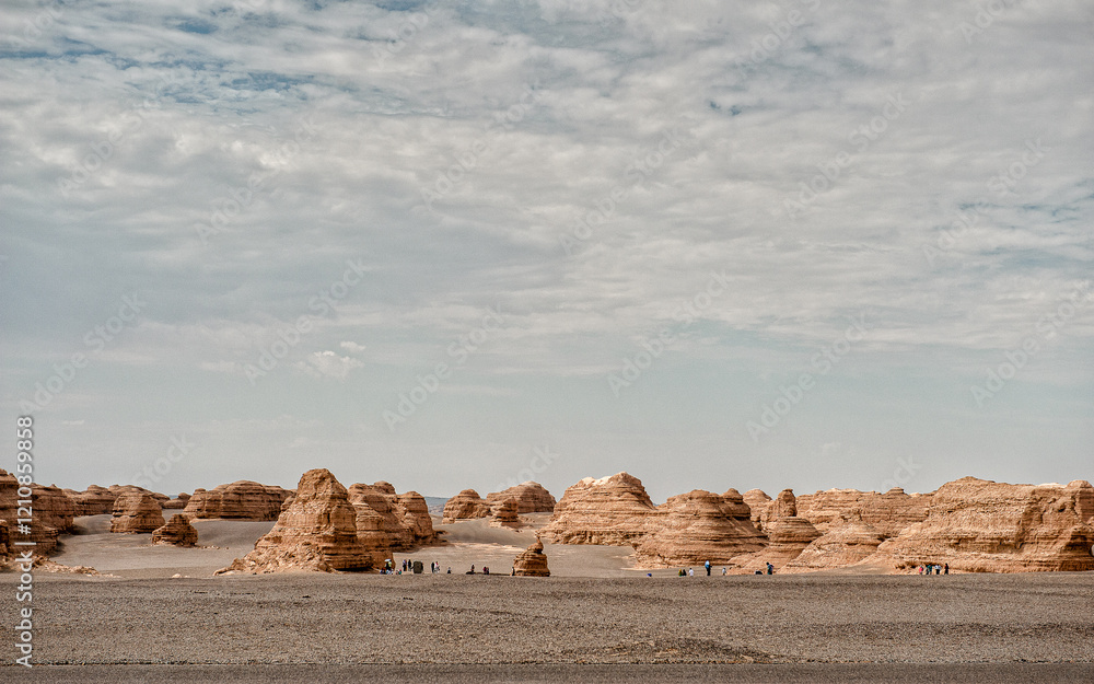 The famous Dunhuang Yardangs in the Gobi desert, Gansu province, China. Yardangs are streamlined protuberant landforms created by wind. The famous Dunhuang Yardangs in the Gobi desert, Gansu province, China. Yardangs are streamlined protuberant landforms created by wind.