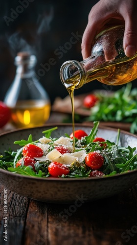 Fresh salad with arugula, cherry tomatoes, Parmesan, and olive oil being poured. photo