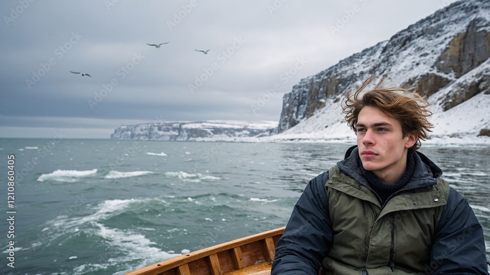 Fototapeta premium Man in a rowboat navigates icy waters surrounded by cliffs and flying birds on a chilly day