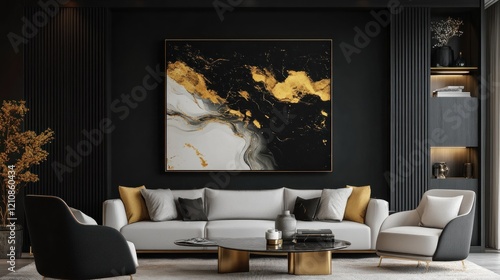 Fototapeta Naklejka Na Ścianę i Meble -  Luxury living room, gold art, black walls, modern decor, interior design