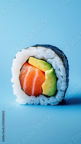 Close-up of sushi roll with salmon, avocado, and rice on a blue background. photo