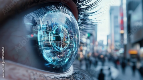 Futuristic close-up of a human eye with augmented reality elements and a cityscape reflection. photo