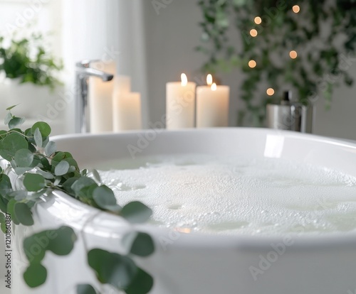 Luxurious bath with candles, bubbles, and eucalyptus leaves, creating a spa-like ambiance. photo