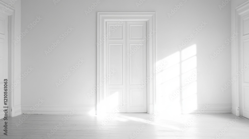 Sunlight streams into a minimalist white room with three closed doors and hardwood floors. Sunlight streams into a minimalist white room with three closed doors and hardwood floors.