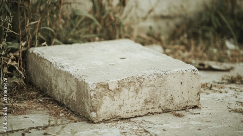 Weathered concrete block on ground near weeds. Weathered concrete block on ground near weeds.