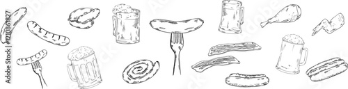 Barbecue bbq banner for web site, card, paper with sausages, bacon, pork, chicken, pretzel, beer snacks and other unhealthy meal for pub bar restaurant menu, meat snacks, fork, food 