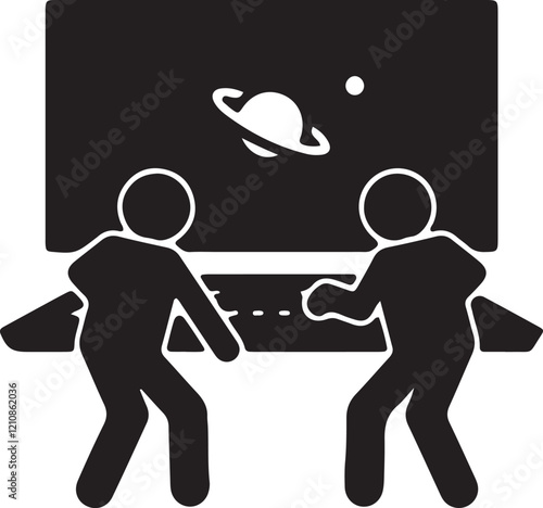 An illustration of a silhouette icon of two stickmen observing a space planet