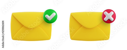 Vector cartoon 3d message checkmark icon set. 3d render approved and rejected yellow envelope sign, yes or no document notification, checked mail, electronic mail delivery symbol for mobile app, web.