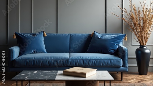 A lush blue velvet couch invites relaxation amidst intricately laid vertical and horizontal wood planks on a polished wooden floor, subtly hinting at cozy comfort photo