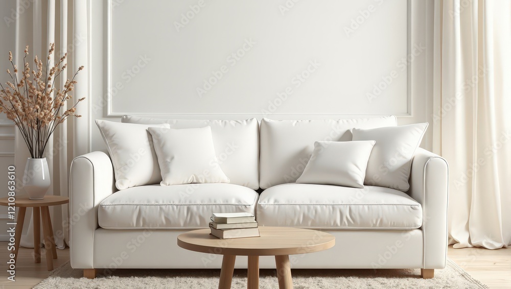 A pristine white leather couch adorned with four plush pillows, framed by a chic round wooden coffee table resting on a soft white shaggy rug, complemented by an elegant stack of three books nearby A pristine white leather couch adorned with four plush pillows, framed by a chic round wooden coffee table resting on a soft white shaggy rug, complemented by an elegant stack of three books nearby