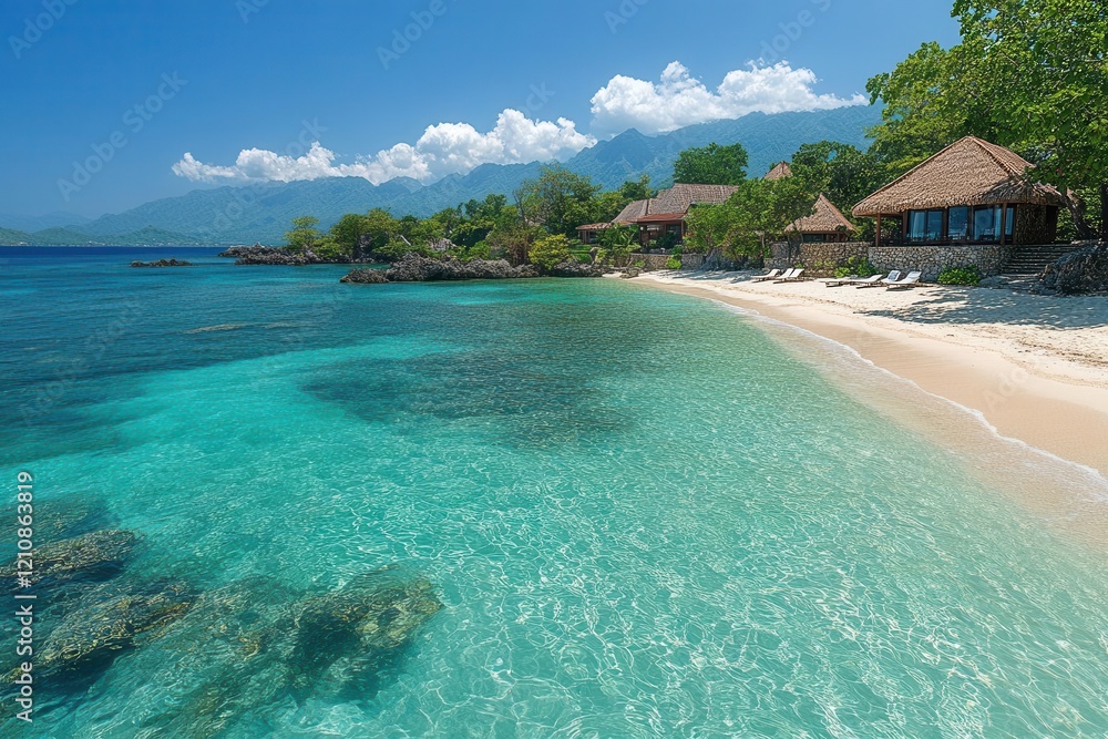 Fototapeta premium crystalclear waters lap gently at a pristine beach the sun glistening off the surface evoking a refreshing summer vibe surrounded by soft sands and a tranquil atmosphere