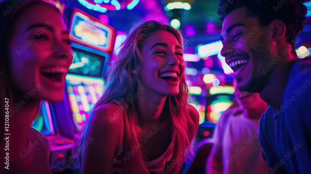 custom made wallpaper toronto digitalA diverse group of friends enjoying arcade games in retro-themed arcade casino, smiling and having fun, with neon lights and arcade machines in the background. casino arcade game concept
