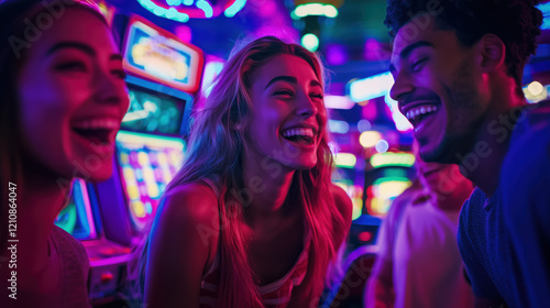 Wallpaper Mural A diverse group of friends enjoying arcade games in retro-themed arcade casino, smiling and having fun, with neon lights and arcade machines in the background. casino arcade game concept Torontodigital.ca