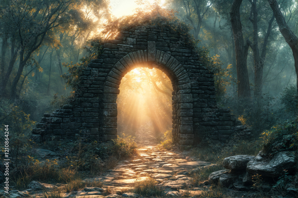 Fototapeta premium Mysterious stone archway illuminated by sunlight in a forest at dawn,tunnel in the forest