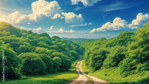 A serene and vibrant natural landscape unfolding with lush greenery, rolling hills, and a peaceful sky, evoking a sense of tranquility and harmony in the beauty of untouched nature