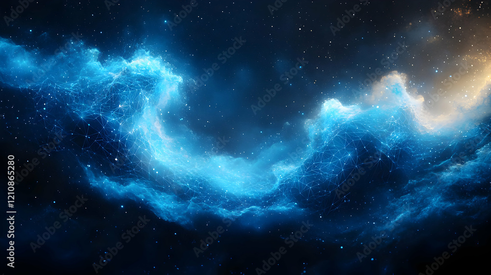 Fototapeta premium Luminous Cosmic Nebula Swirling in Dark Space, Celestial Blue and White Glowing Clouds