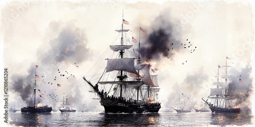 Historic naval battle with American ships in smoke