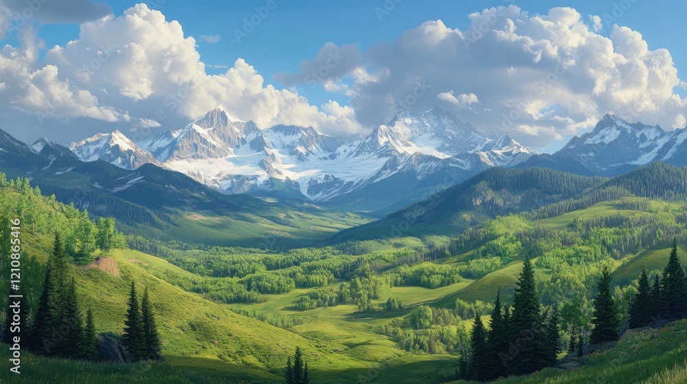 Fototapeta premium A serene green valley with mountains and a bright blue sky, showcasing lush nature.