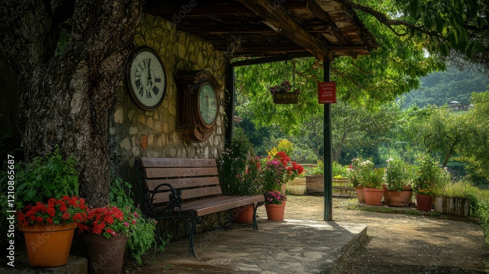 Obraz premium A rustic garden patio with colorful potted plants, wooden benches, and a charming countryside vibe.