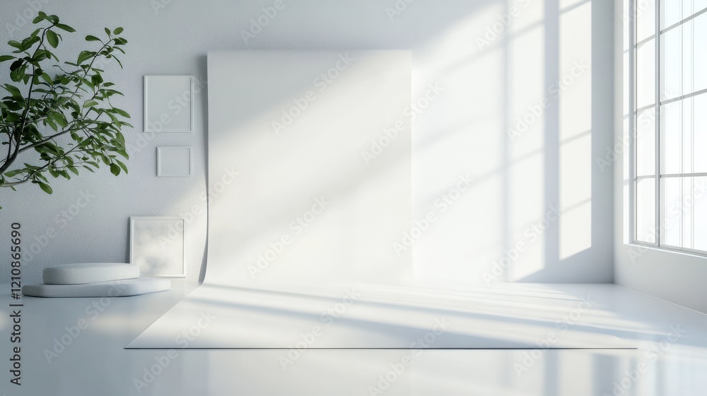 Side view on all-white interior design in sunny modern living room with comfortable sofa, carpet and coffee table on glossy floor, empty frame pictures on the wall and big window. 3D rendering Side view on all-white interior design in sunny modern living room with comfortable sofa, carpet and coffee table on glossy floor, empty frame pictures on the wall and big window. 3D rendering