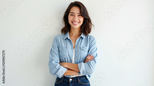 Woman with brown hair with arms crossed and a friendly smile on her face photo