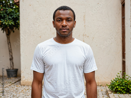 retrato de un hombre negro joven y apuesto de pie al aire libre vistiendo una camiseta blanca casual 