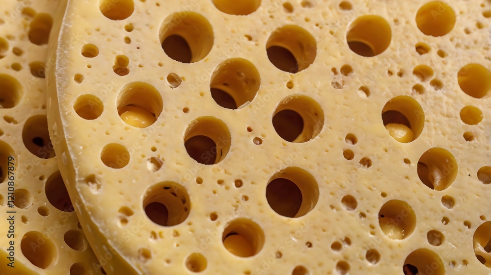 texture of radomer or maasdam yellow cheese with large holes close up. Detailed photo of cheese surface in macro texture of radomer or maasdam yellow cheese with large holes close up. Detailed photo of cheese surface in macro