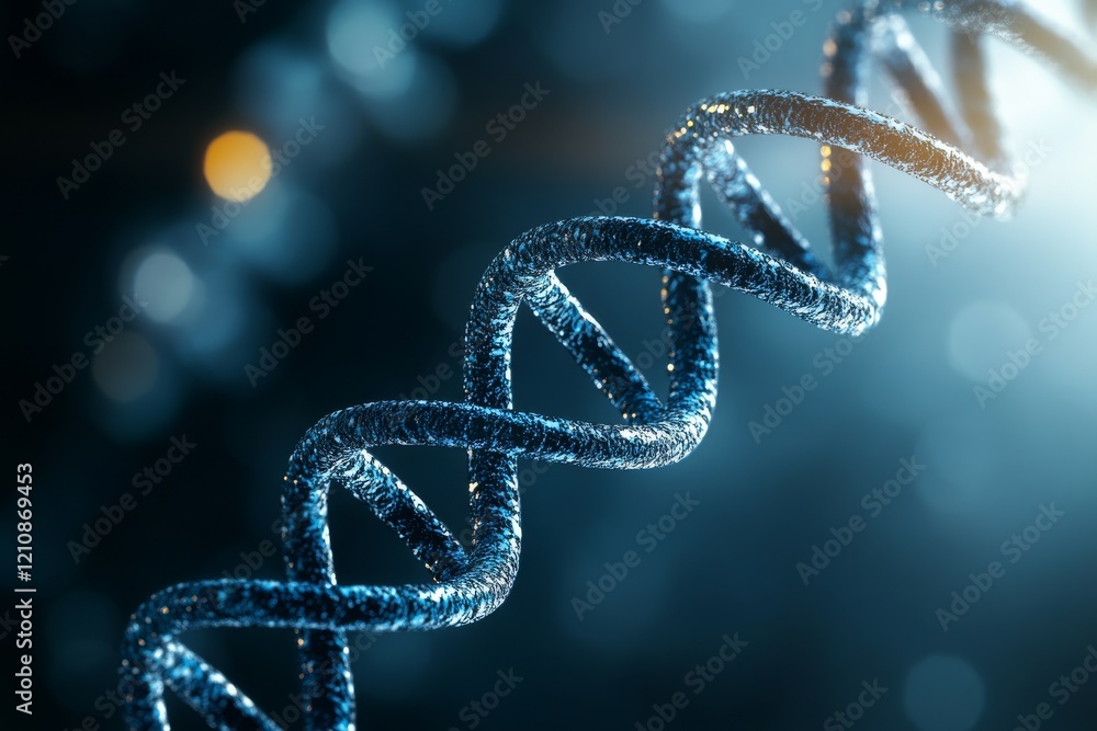 Detailed view of a blue DNA helix representing genetic structure and biological complexity in a scientific context Detailed view of a blue DNA helix representing genetic structure and biological complexity in a scientific context
