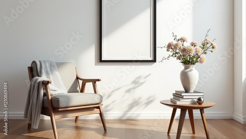 A chic interior captures a sleek white wall adorned with a solitary black frame, while a cozy gray and white knitted throw elegantly drapes over the armrest of a refined light gray wooden chair photo