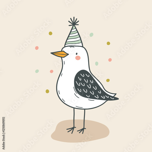 Cute cartoon seagull in a festive hat on a background of beautiful decorations, flat vector illustration