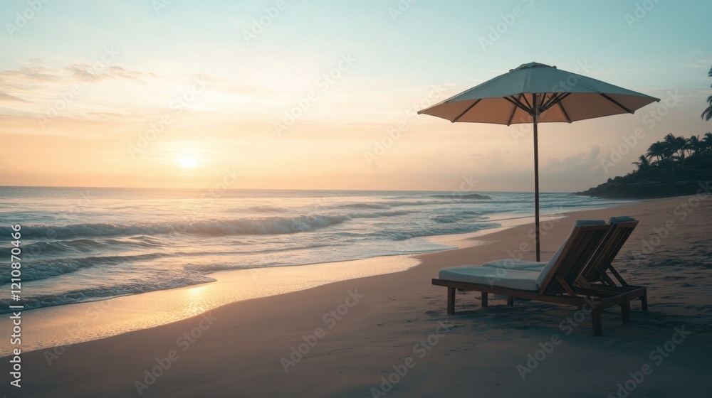 A serene beach scene at sunset with a lounge chair and umbrella by the shore. A serene beach scene at sunset with a lounge chair and umbrella by the shore.