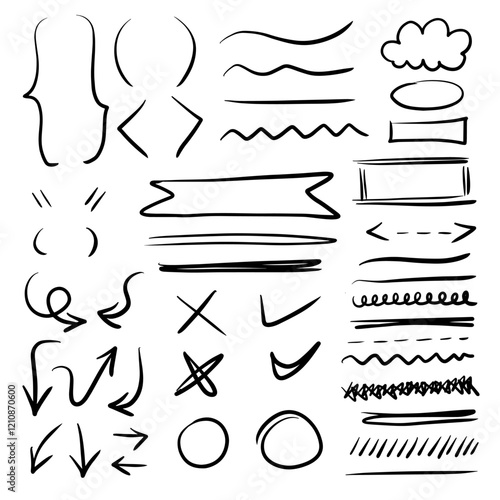 underline pencil hand drawn various ellipses, punctuation marks, direction pointers, arrows, underline elements