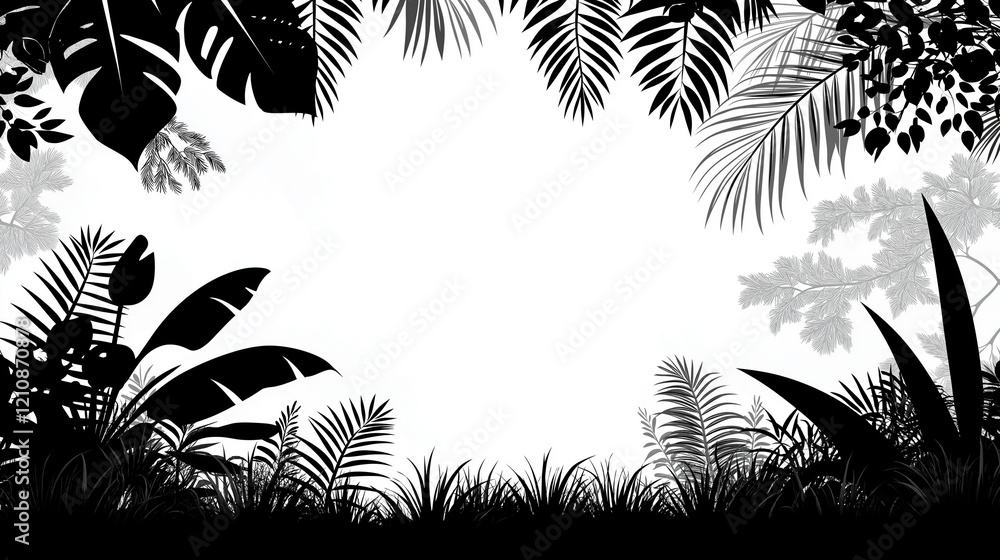 Naklejka premium Silhouette of Tropical Plants and Leaves Framing a Blank Space for Text or Images