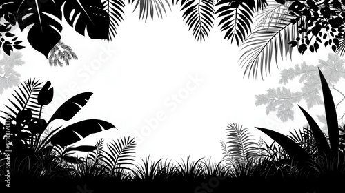 Silhouette of Tropical Plants and Leaves Framing a Blank Space for Text or Images