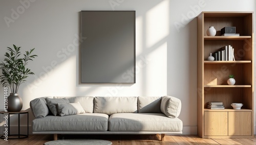 Indoor close-up shot captures an elegant gray couch set against a pristine white wall, subtly angled towards the bottom left. It rests atop a chic gray circular rug on polished wooden floors, exuding  photo