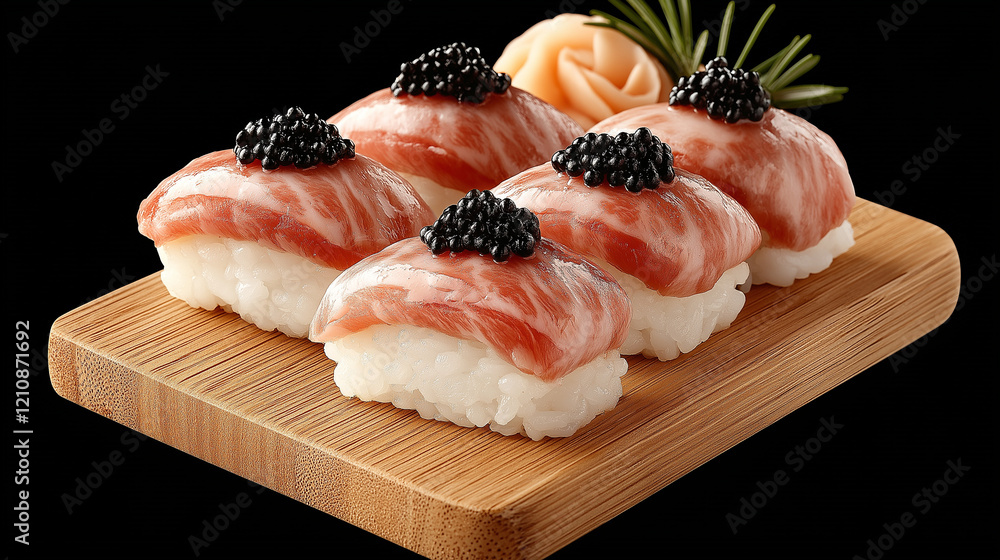 Sushi Nigiri with Black Caviar on Wood Plate Accompanied by Ginger and Decoration Sushi Nigiri with Black Caviar on Wood Plate Accompanied by Ginger and Decoration