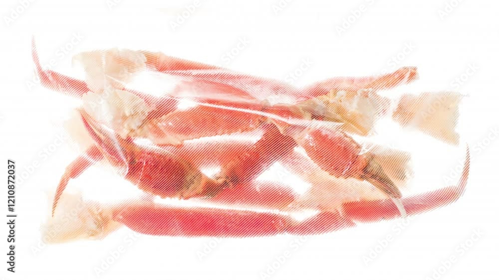 Packing and Freezing Crab Claws. Crab claws are vacuum packed and rapidly cooled by an ice jet, creating the effect of white steam on a white background Packing and Freezing Crab Claws. Crab claws are vacuum packed and rapidly cooled by an ice jet, creating the effect of white steam on a white background
