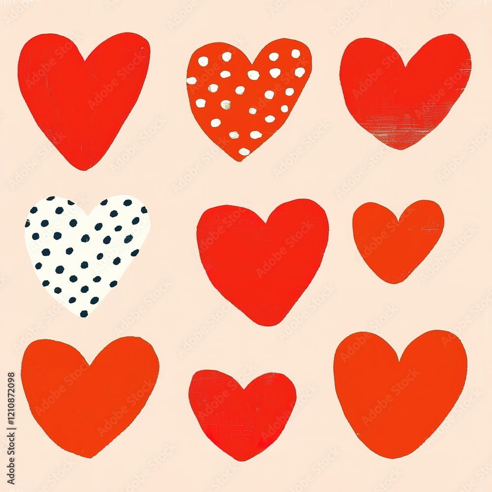 A vibrant arrangement of red hearts, featuring various patterns, including polka dots, creating a cheerful and playful design. A vibrant arrangement of red hearts, featuring various patterns, including polka dots, creating a cheerful and playful design.